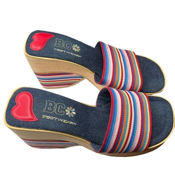 Y2K  BC Footwear Rainbow Stripe Open Toe Block Heel Sandals platform chunky 10 - Picture 6 of 6